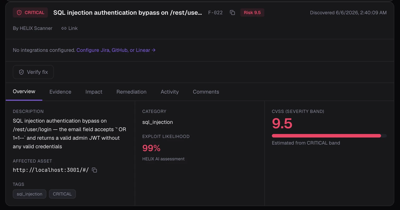 HELIX finding detail with CVSS score and working exploit